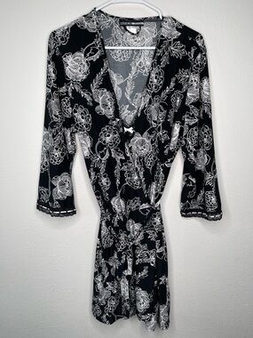 Studio Donatella Jersey Slip Dress Nightgown & Wrap Robe B/W Floral 2 Pc Set L